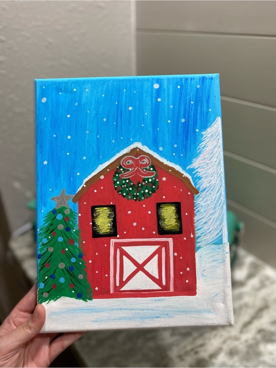 Hand Crafted Other - Hand Crafted Red Barn Winter Scene Canvas